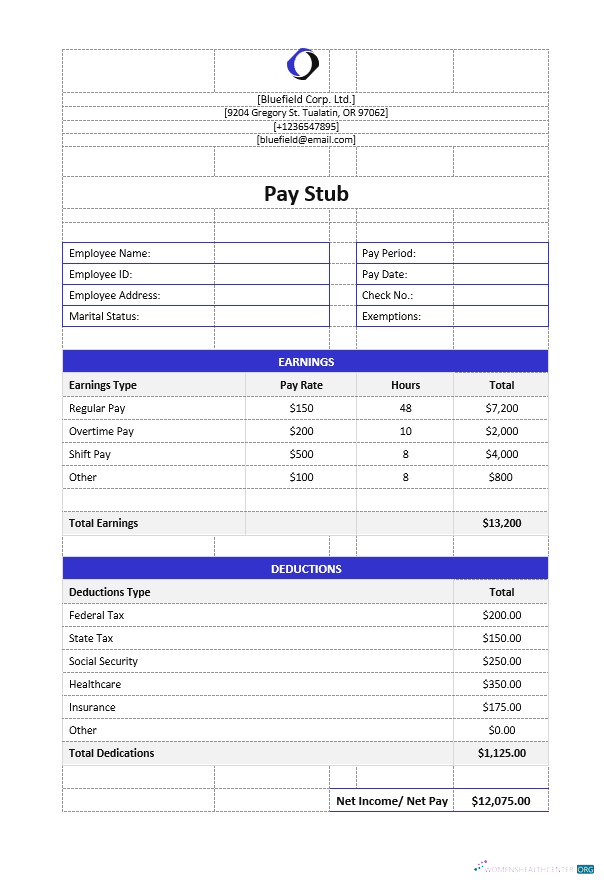 Download Bluefield Corp. Ltd pay stub Word and PDF template Photoshop template